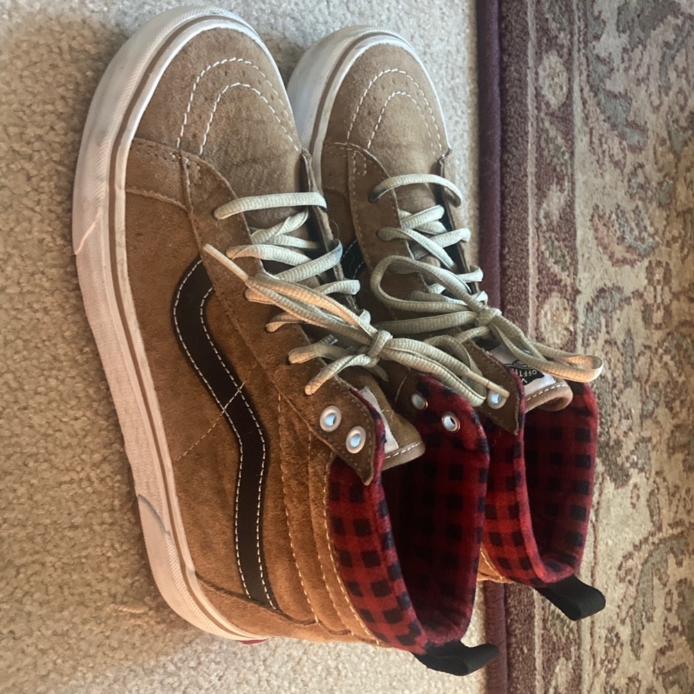 MT Tan Suede Sneakers with Black Stripe and Red Plaid Lining